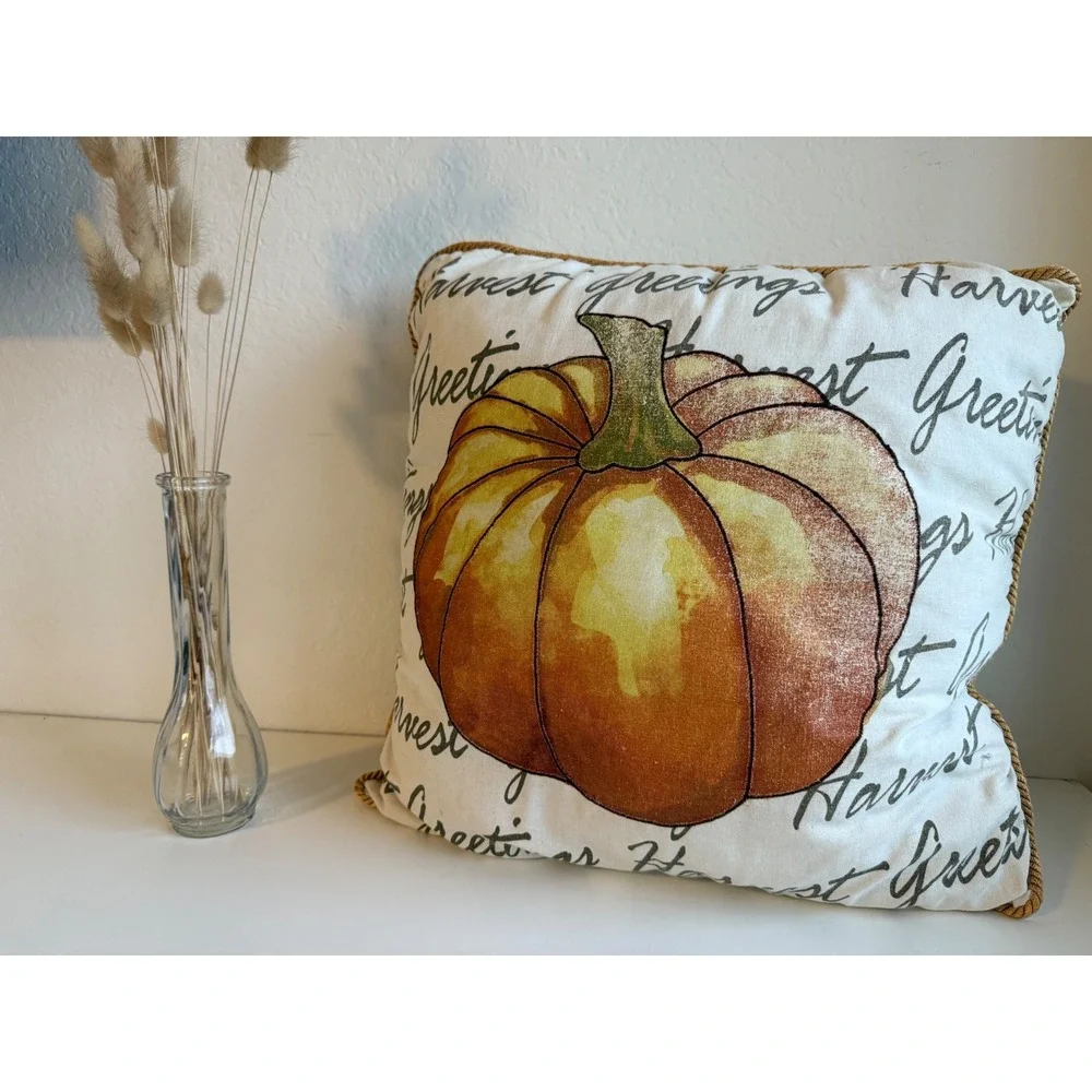 Pumpkin Harvest Greetings Throw Pillow Fall Decor 15x15 Rustic Farmhouse Fall